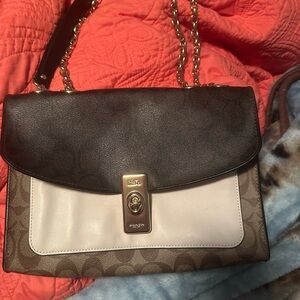 Coach Brown and Cream Textured Shoulder Bag with Chain Strap